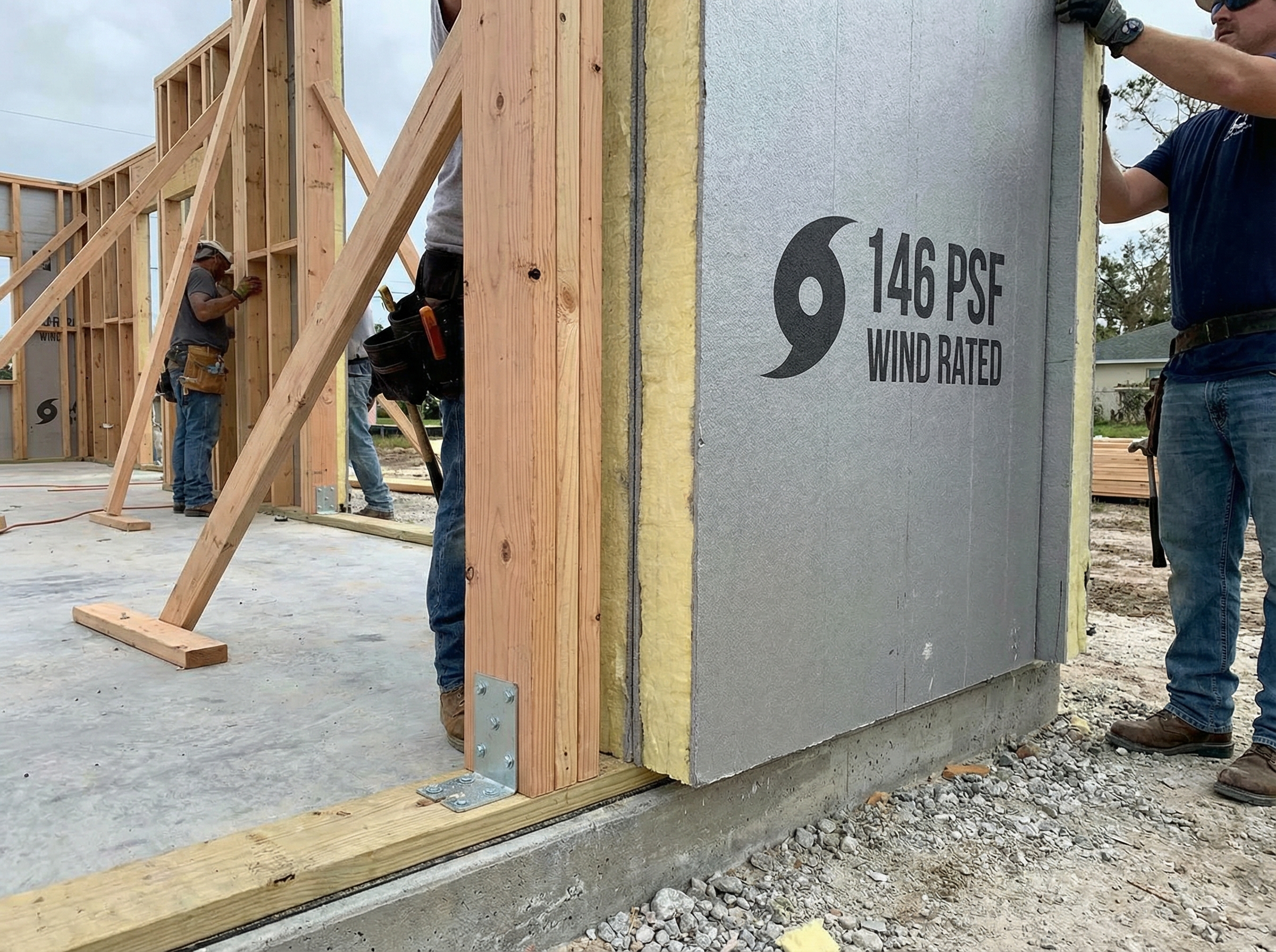 Timber frame structure being assembled